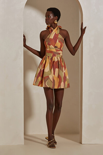 Dahlia Bianca Cora Desenli Mini Keten Elbise Beden :XS