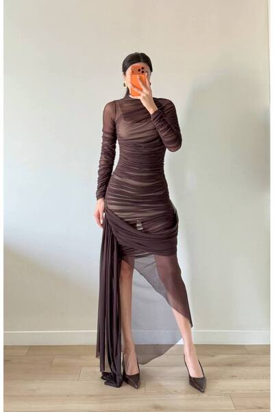 LOCH BUTİK Women's Brown Gathered Skirt Flowy Tulle Dress