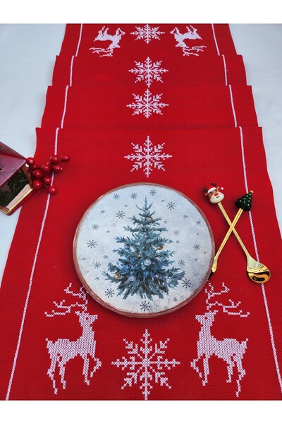 GIHANDMADE Handmade Cross-Stitch Linen Table Runner with Christmas Motifs on ...