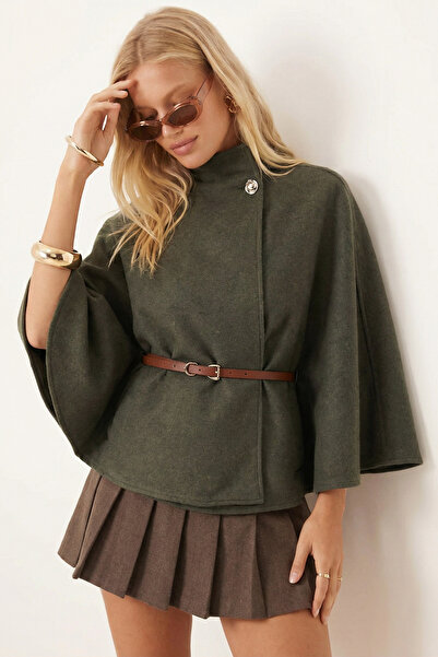 armonika Women's Khaki Gold Button Detailed Belted Cashmere Poncho Jacket Mock Neck Arm-26K001065