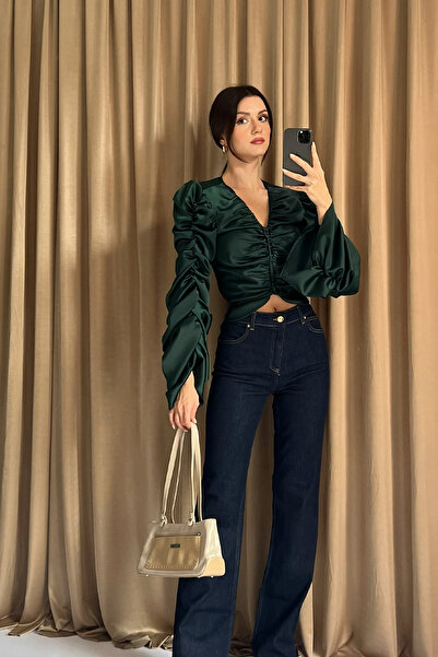 Klex Ruched Detail Draped Satin Long Sleeve Women's Crop Blouse-Green - m