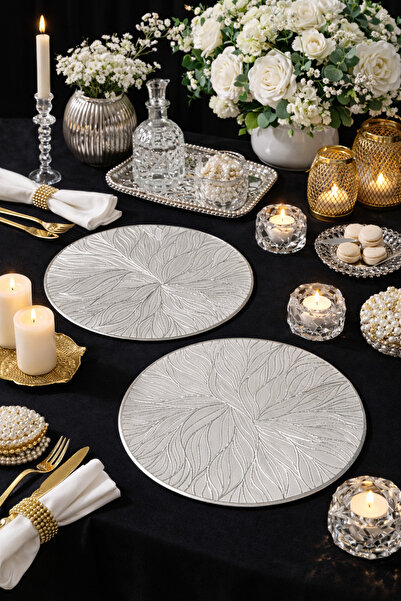 Emsay Store Silver Plated Silver Patterned Serving Plate – Set of 2 - Luxury & Modern Tableware Presentation - American Service 35X35 cm