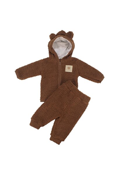 bebegen طقم كارديجان بقلنسوة وآذان من القطيفة باللون البني للجنسين