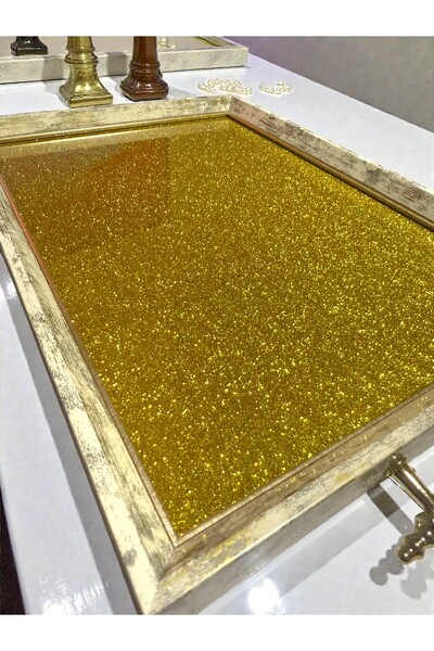 Mia Beyaz ve Altın Modern Parlak Gold Taş Efekt İç Detaylı Büyük Boy Cam Modern Çay Kahve Tepsi