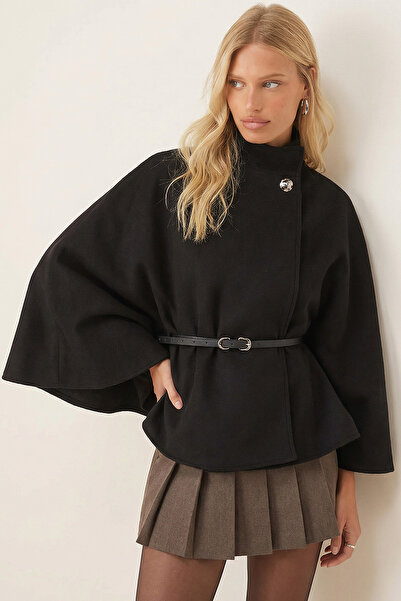 armonika Women's Black Gold Button Detailed Belted Cashmere Poncho Jacket Mock Neck Arm-26K001065