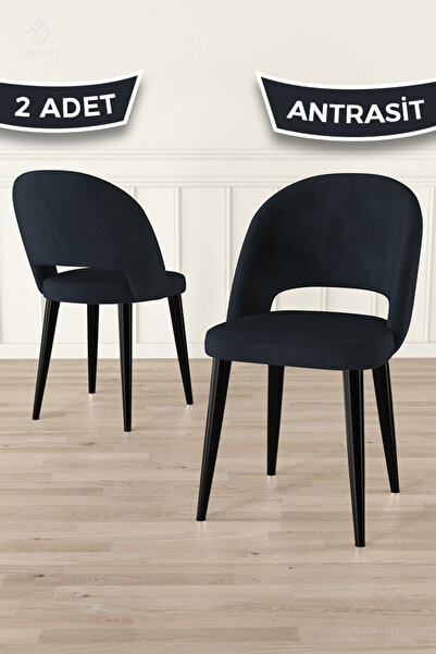 Canisa Pane Serisi 2 Adet Antrasit Mutfak Sandalyesi Babyface Kumaş Siyah Ayak