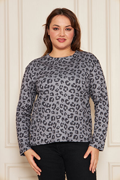 UNIQUE LADY Leopard Print Crew Neck Long Sleeve Knit Blouse