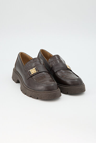 Jande Women's Crocodile Patterned Buckle Loafer – Thick Sole Brown Genuine Le...