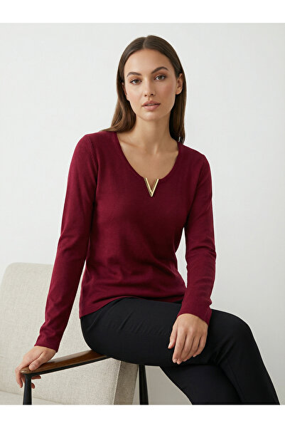 Giyim Dünyası بلوزة كورسون نسائية مسطحة بياقة على شكل حرف V باللون العنابي