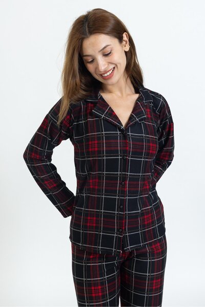 Tusebu طقم بيجامة نسائية بأزرار – أسود وأحمر، أكمام طويلة، تصميم مريح