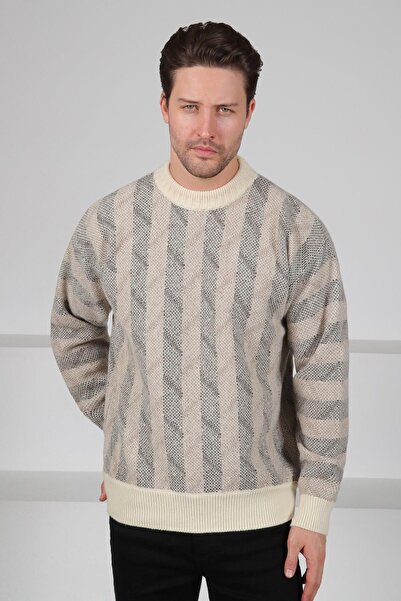 Ferraro Bone Crew Neck Vertical Stripe Patterned 100% Lamb Wool Men's Knitwear Sweater
