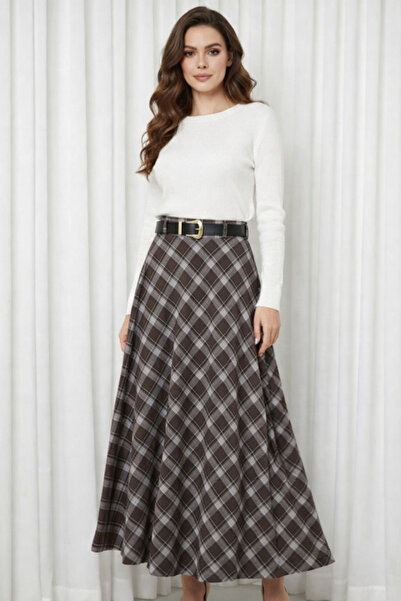 Enga Vera تنورة شتوية طويلة ذات نمط مربعات وسحاب جانبي عالي الخصر للنساء باللون البني (موديل فضفاض مبطن)