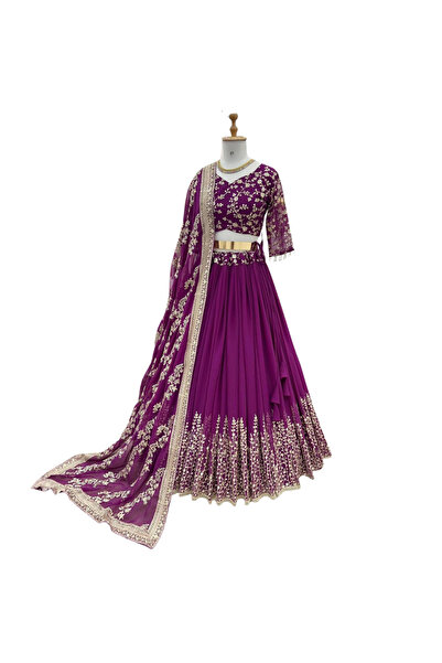 MYSMAR Purple Faux Georgette Lehenga Choli & Dupatta - HRT3822 | Purple