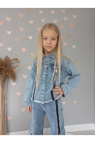 tunays shopping Girl's Stoned Striped Detail Denim Jacket and Pants Set 4-12 ...