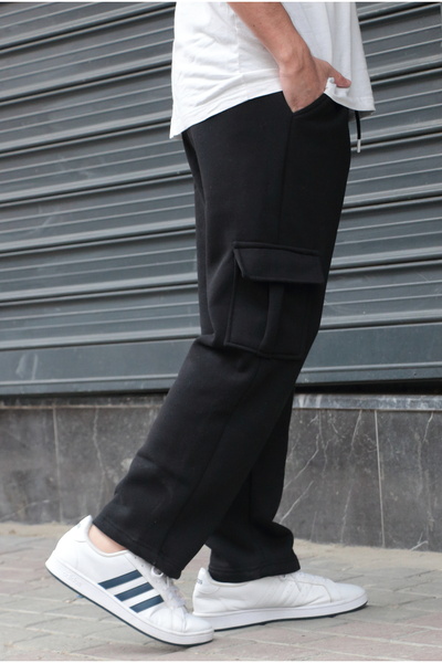 green poll Men's 3 Thread Ş Fleece-Lined K Cargo Pocket Baggy Sweatpants