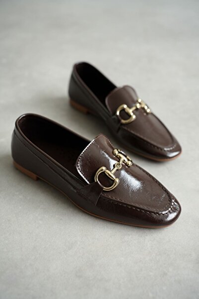 MODAADAM حذاء باليه نسائي من Pixo بنعل مسطح - بني-جلد لامع