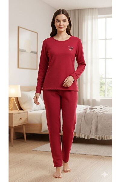 FAMES PİJAMA Women's Fleece Winter Comfortable Burgundy Pajama Set