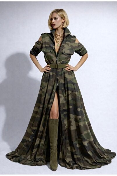 ALYEL NAKER Önden Fermuarlı & Omzu Açık Maxi Boy Özel Tasarım Kamuflaj Desenl...