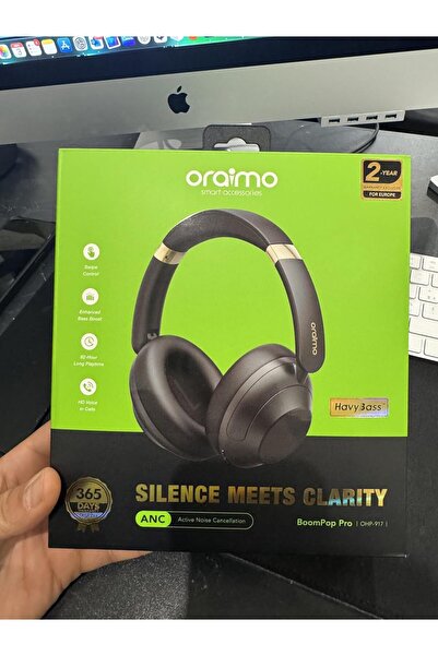 oraimo سماعات رأس علوية بتقنية إلغاء الضوضاء النشط مع صوت جهير قوي - BoomPop Pro - رمادي