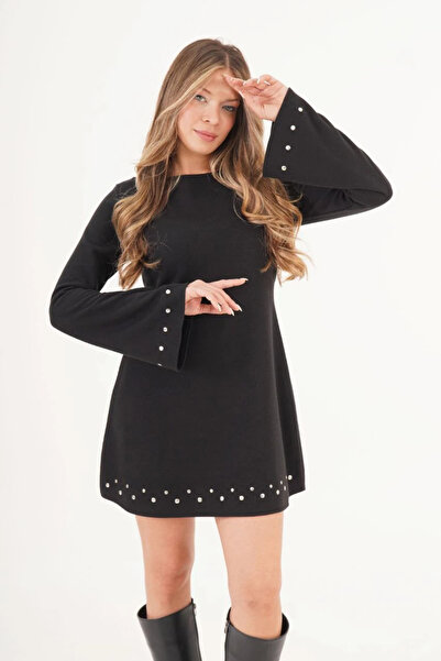 cemo İspanyol Kol Taşlı Detaylı Mini Elbise