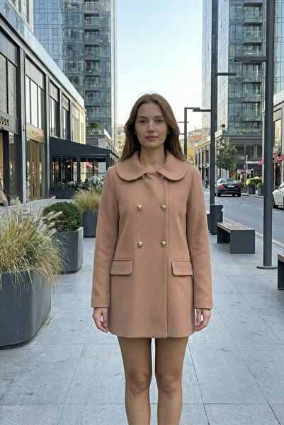 Yake 8034 Bebe Yaka Düğme Detaylı Kadın Kaşe Kaban