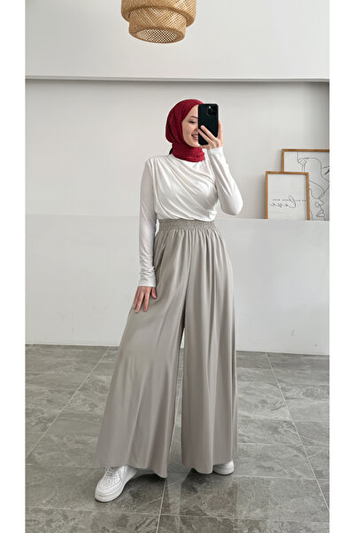 Hatun Atila Elastic Waist Wide Leg Modal Skirt Pants - Light Gray
