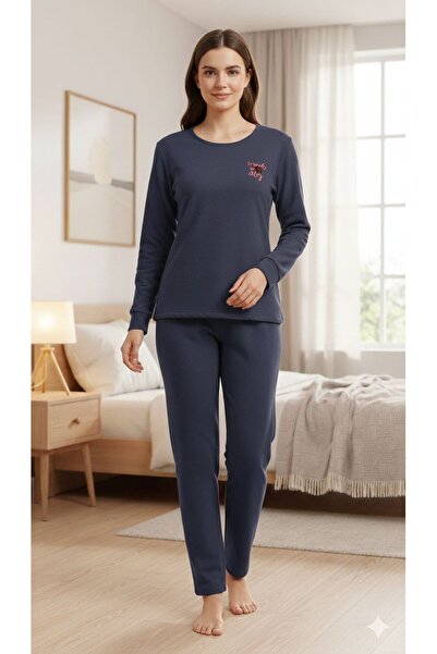 FAMES PİJAMA Women's Fleece Winter Comfortable Navy Blue Pajama Set