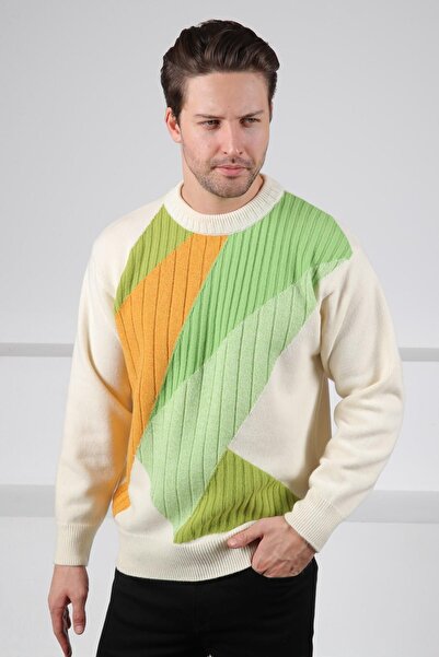 Ferraro Ecru/Green Crew Neck Green and Mustard Detailed 100% Lamb Wool Men's Knitwear Sweater