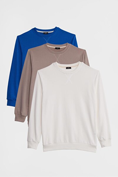 Tudors Unisex 3-pack white-beige- Cobalt blue relax fit 100% cotton crew neck sweatshirt