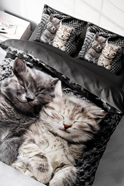 MonoHome Sleeping Cat Patterned 5D Digital Printing Cotton Satin Duvet Cover Set – Double Size