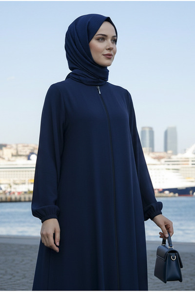 Berel Moda Hijab Dress Ferace Navy Blue Alya Shawl Gifted Bat Sleeve Zippered Aerobin