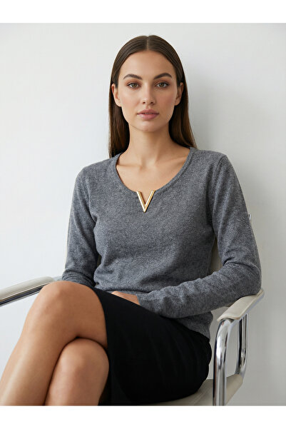 Giyim Dünyası بلوزة كورسون نسائية مسطحة بياقة على شكل حرف V باللون الأنثراسيت
