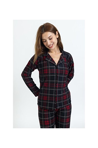 Tusebu Set pijama pentru femei negru-roșu, cu mâneci lungi cu nasturi