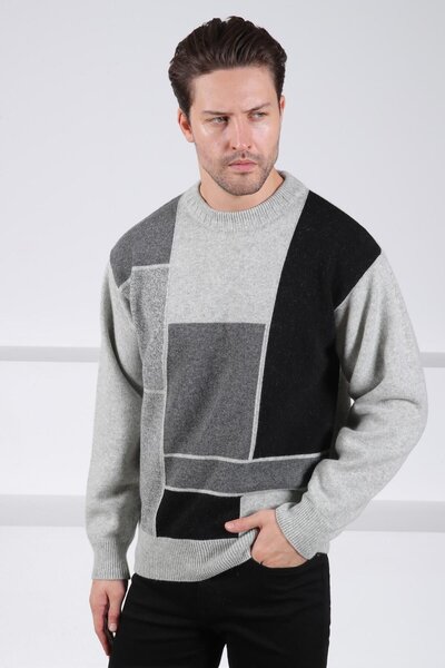 Ferraro A.Grey guler rotund bloc de culoare Pulover pentru bărbați din lână d...