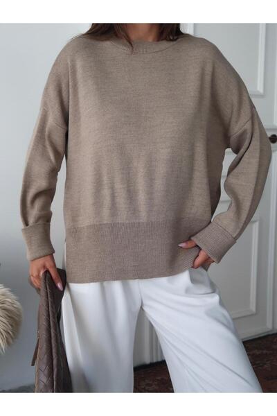 Maysev Crew Neck Rib Knit Soft Textured Low Sleeve Loose Fit Basic Sweater