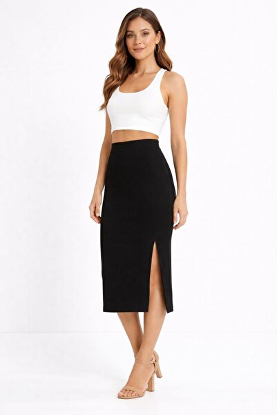 buğlem collection Femei talie înaltă tricotaj cu striații Fusta creion Lungime midi cu fantă Potrivire confortabilă Elegant basic