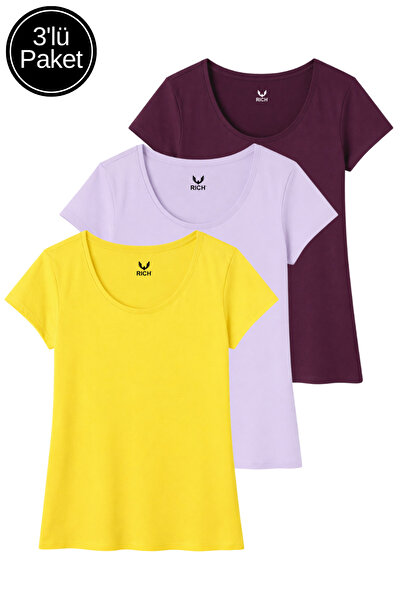 Rich Γυναικείο κοντομάνικο μπλουζάκι 100% βαμβάκι σε κίτρινο - λιλά - κραναστικό χρώμα 3 τεμαχίων