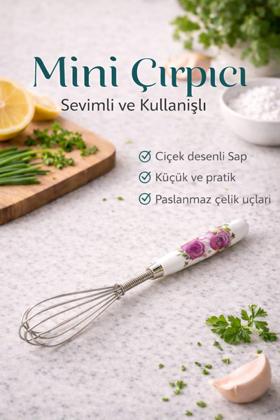 DrBambu Porselen Saplı Mini Çırpıcı – Çiçek Desenli Paslanmaz Çelik Mutfak Çı...