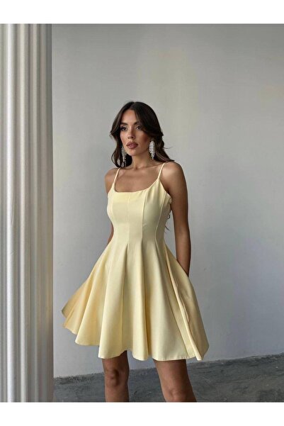 hillone atlas kumaş askılı şık süper mini elbise sarı