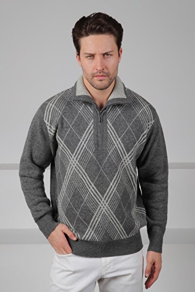 Ferraro سترة تريكو رجالية من صوف الحملان بنسبة 100%، بياقة عالية وسحاب، بنقشة البقلاوة المدخنة