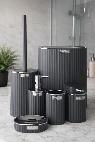 YUVAYAÖZEL Çizgili Yuvarlak Antrasit 5'li Banyo Seti