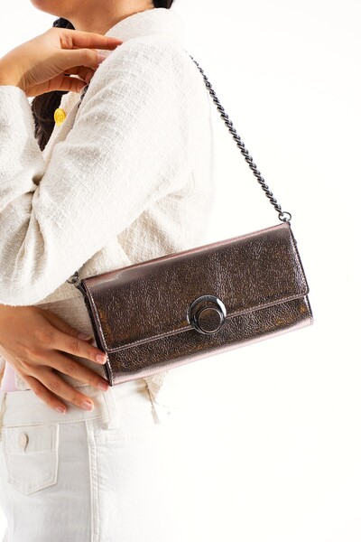 VOSTRO 100% Genuine Leather Women's Clutch Mink Hand and Shoulder Bag - Handmade Italian Style Chain Strap Model