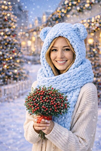 Cheecky Chic Açık Mavi El Örgüsü Bere & Atkı Takımı – Kadın Kışlık Kalın Örgü...