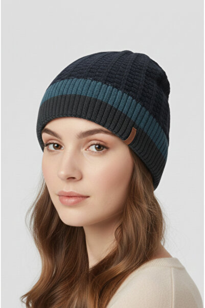balkonda Classic Basic Beanie Knitwear Lined Cold Protection Soft Woven Unisex Navy Blue & Gray
