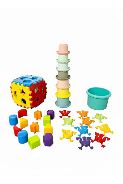 Uniqlion 3'lü Oyuncak Seti (Eğitici Kule - Bul Tak Küp - Zıplayan Kurbağa)