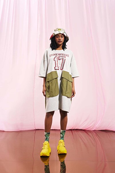 VDR Gri Melanj Zeytin Yesili Sweatshirt Elbise 17190