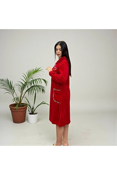 Şahteks Women's Zippered Hooded Leopard Detailed Heart Embroidered Velvet Dre...