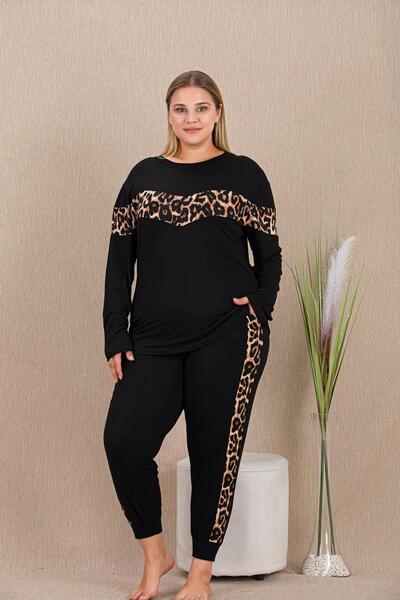 REN Γυναικείο Σετ Πιτζάμες Μαύρο Λεοπάρ Λεπτομέρειας Plus Size, Μακρυμάνικο, με τσέπες, στενό πόδι, ύφασμα βισκόζης