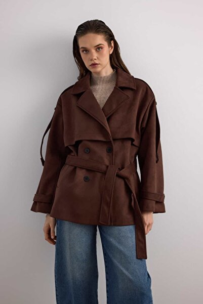 KIKU Double-Breasted Suede Short Coat with Belt Detail