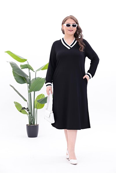 Siyezen Plus Size V-Neck Striped Detail Basic Dress